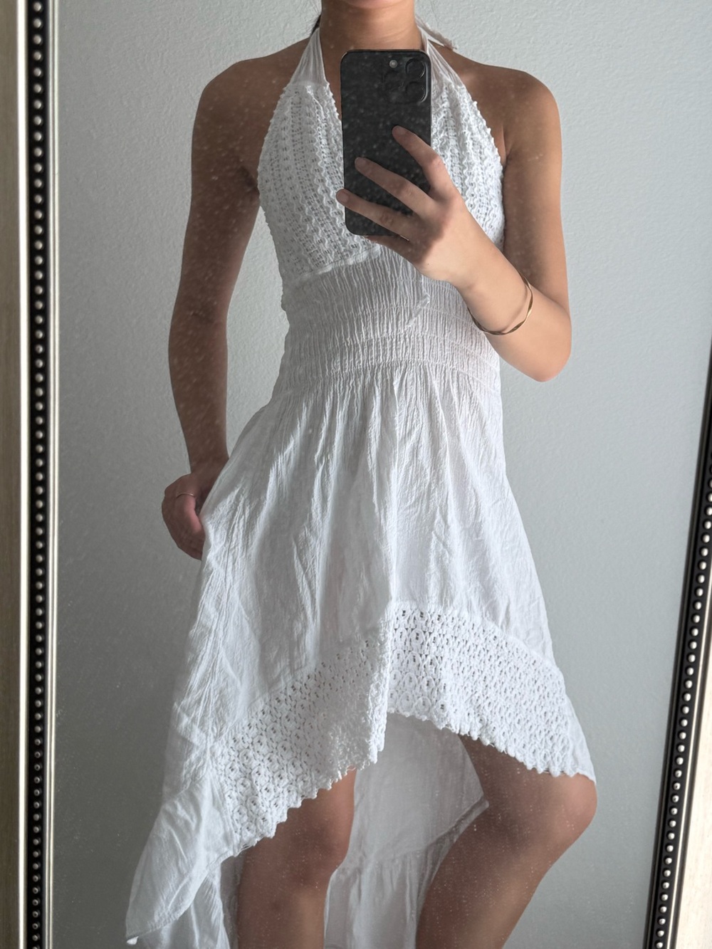 White Halter Cotton Crochet-Trim High-Low Maxi Beachy Dress Coverup